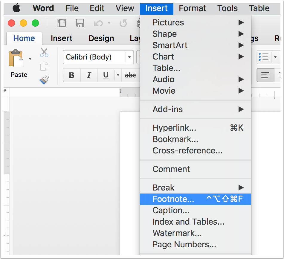 how to add footnote in word 2016 shortcut